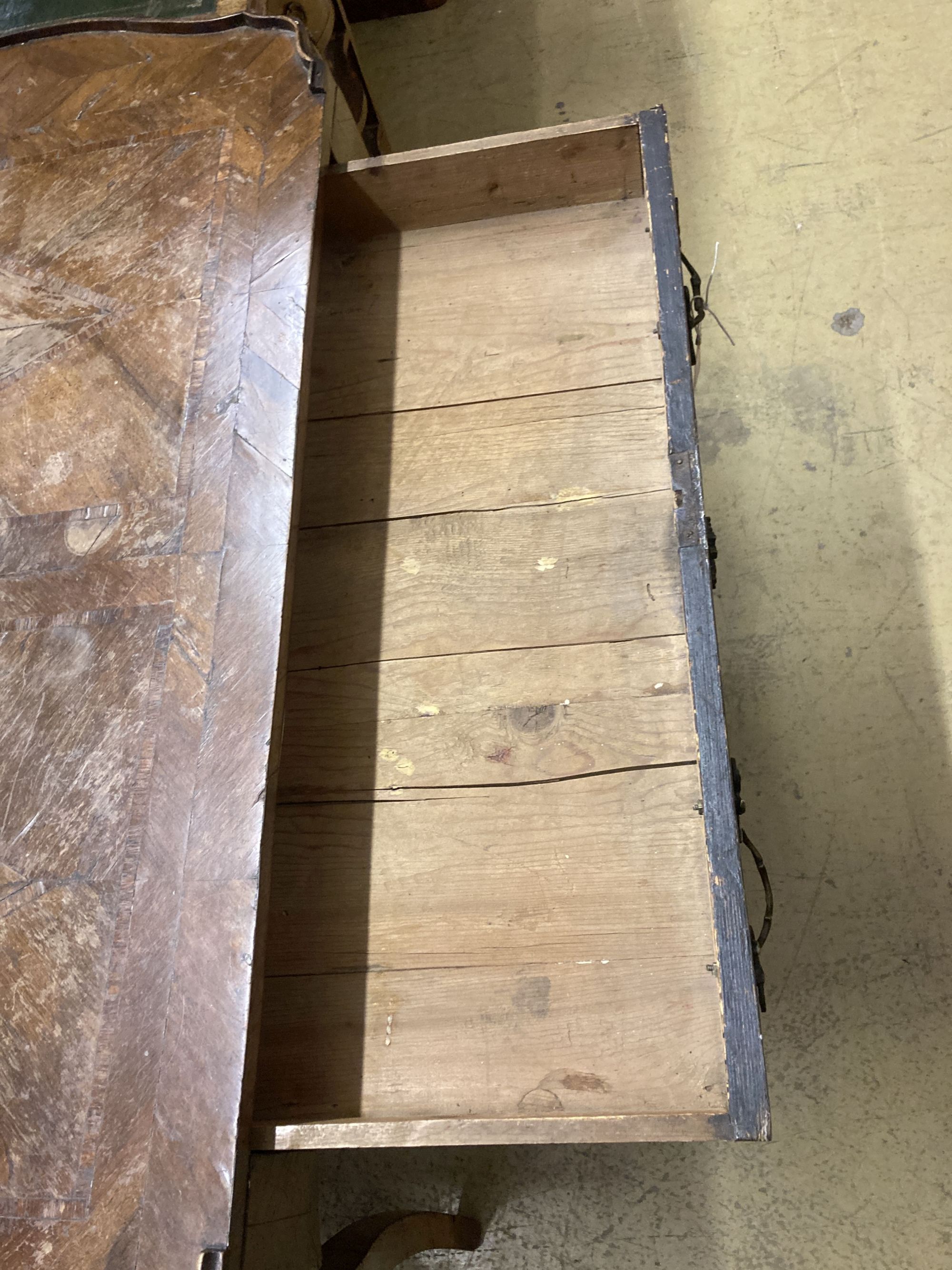 A Louis XV kingwood veneered side table, fitted one long drawer (requiring restoration), width 118cm, depth 63cm, height 79cm